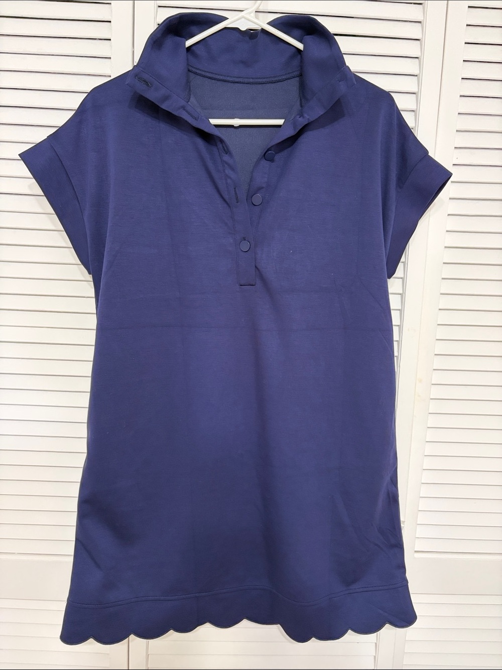 Navy Blue Scalloped Hem Polo Shift Dress Tunic Pockets Size S